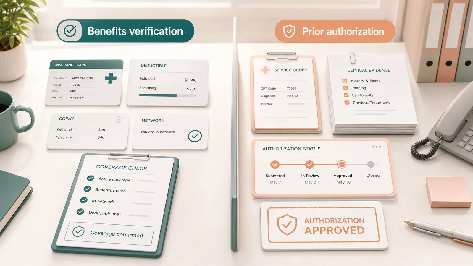 A service request moving through two separate checkpoints for benefits verification and prior authorization.