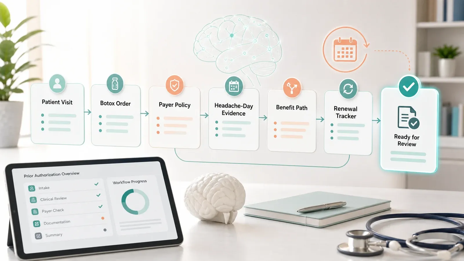A polished neurology prior authorization workflow showing a patient visit, Botox order, payer policy, headache-day evidence, benefit path, renewal tracker, and ready-for-review step.