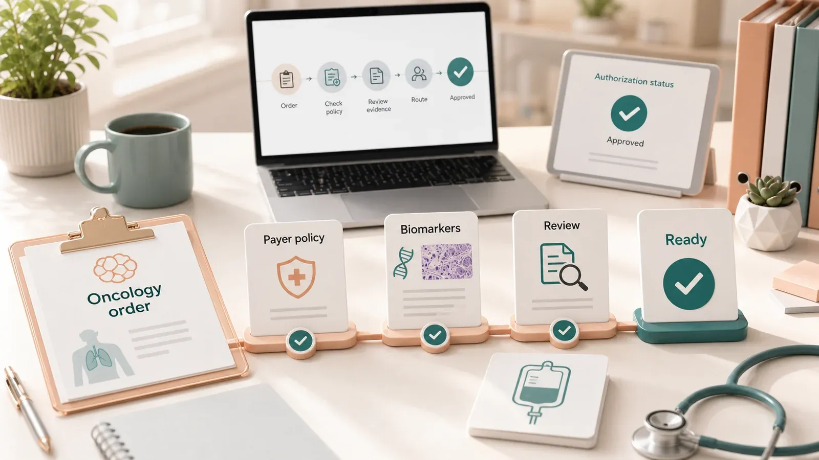 A polished oncology prior authorization workflow with order, payer policy, biomarker evidence, review, and ready-for-submission cards on a clinical desk.