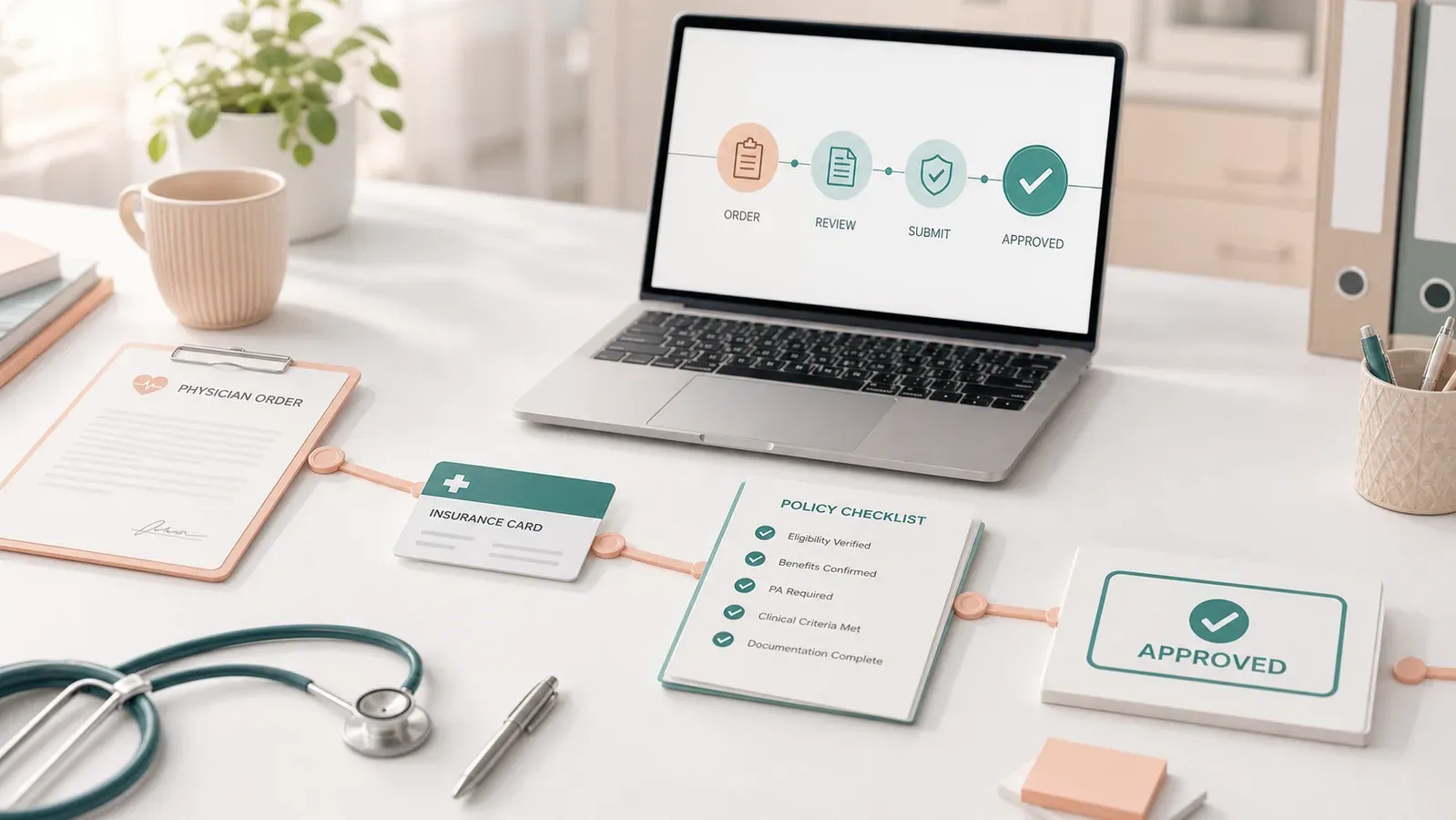 A clean healthcare workflow runway moving from a medical order through requirement check, evidence gathering, submission, and approval.