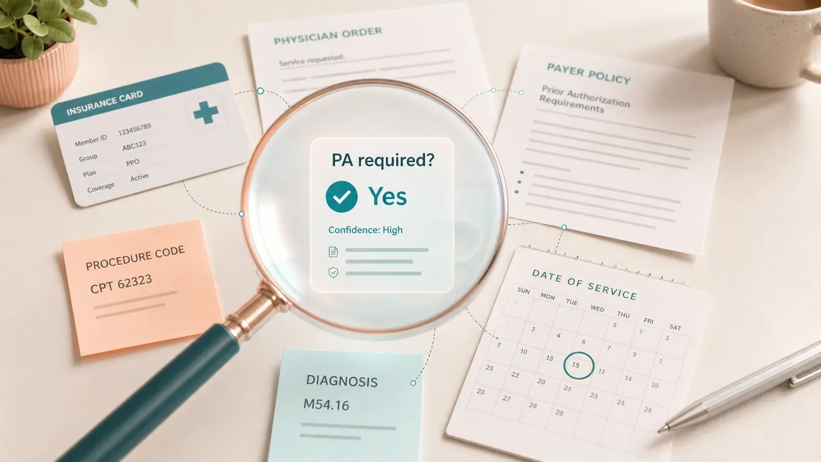 A decision lens reviewing an insurance card, payer policy papers, medical order, procedure code, diagnosis, and date of service.